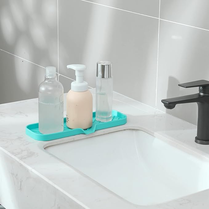 Silicone Bathroom Soap Dishes with Drain Spout-Bathroom and Kitchen Sink Organizer,Sponge Holder,Dish Soap Tray,Perfect for Dispenser,Scrubber,Bottle,Cup on Sink or Counter-Mint 12"×4"