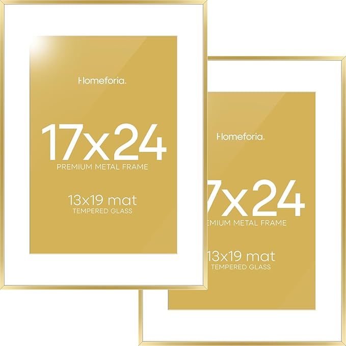 Homeforia 17x24 Picture Frame Gold, High End Metal 17x24 Poster Frames with Mat 13x19 Photo, 17 x 24 Gold Frame Matted to 13 by 19 Print, 24by17 Thin Hanging Frames, Tempered Glass, Wall Kit, Set of 2