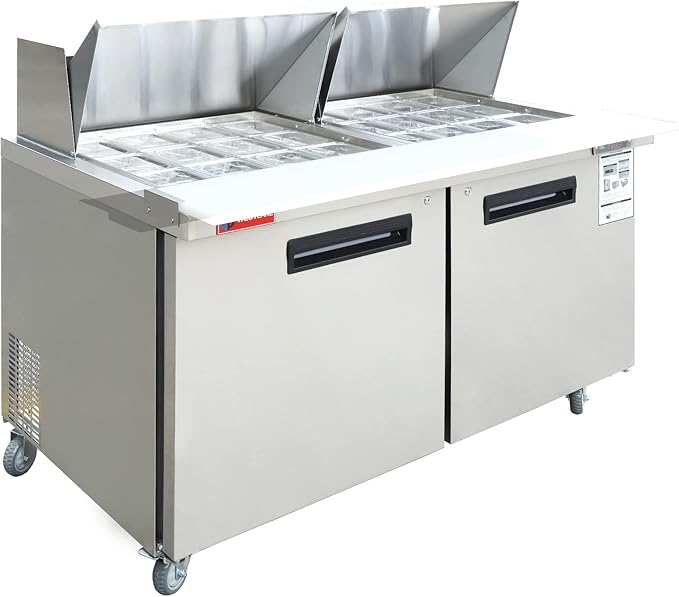 WESTLAKE 60" W 2 Door Refrigerator Sandwich & Salad Prep Table Commercial Mega Top Refrigerator Stainless Steel Counter Fan Cooling with 24 pans-60 Large Capacity Inches for Restaurant