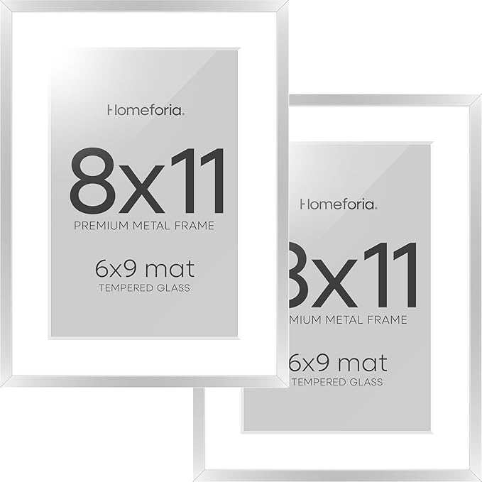 Homeforia Silver 8x11 Picture Frame, High End Metal 8 x 11 Poster Frames with Mat 6 by 9 for Photo, 11x8 Frame Matted to 6x9 inch Art, 8by11 Wall or Tabletop Frames, Tempered Glass, Wall Kit, Set of 2