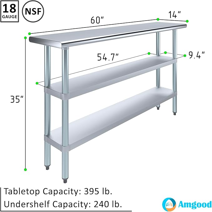 AmGood Stainless Steel Work Table with 2 Shelves | NSF | Metal Utility Table (60" Long x 14" Deep)