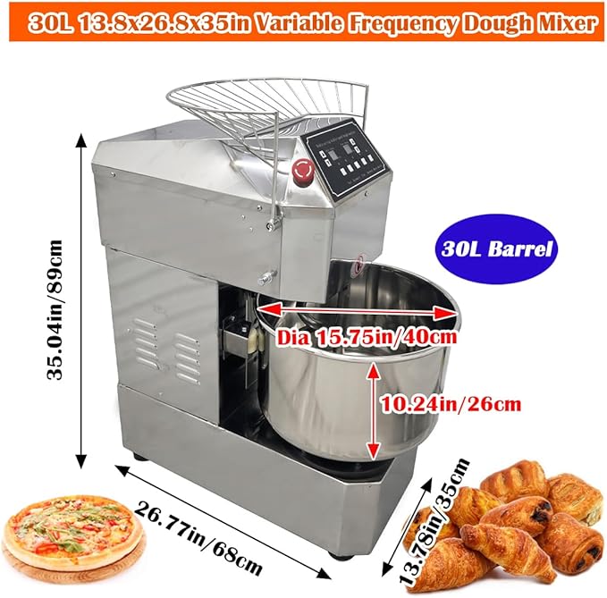 Stand Dough Mixer Double Action Double Speed Dough Kneading Machine, Frequency Conversion Stand Food Mixer with 3 Modes for Kitchen Restaurant Bakeries Pizzeria(30L)