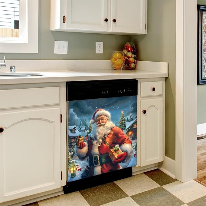 Cute Snow Scene Santa Claus Dishwasher Magnet Cover, Reusable Refrigerator Panel Stickers Microwave Front Door Covers Magnets for Kitchen Home Appliances Holiday Party Decorations 23 X 26 in