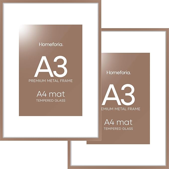 Homeforia A3 Picture Frame Mocha, High End Metal 11.7 x 16.5 inch Poster Frames with Mat 8.3 x 11.7 for Photo, A3 Size Frames Matted to A4 Print, 11.7x16.5 Wall Hanging Frame, Tempered Glass, Set of 2