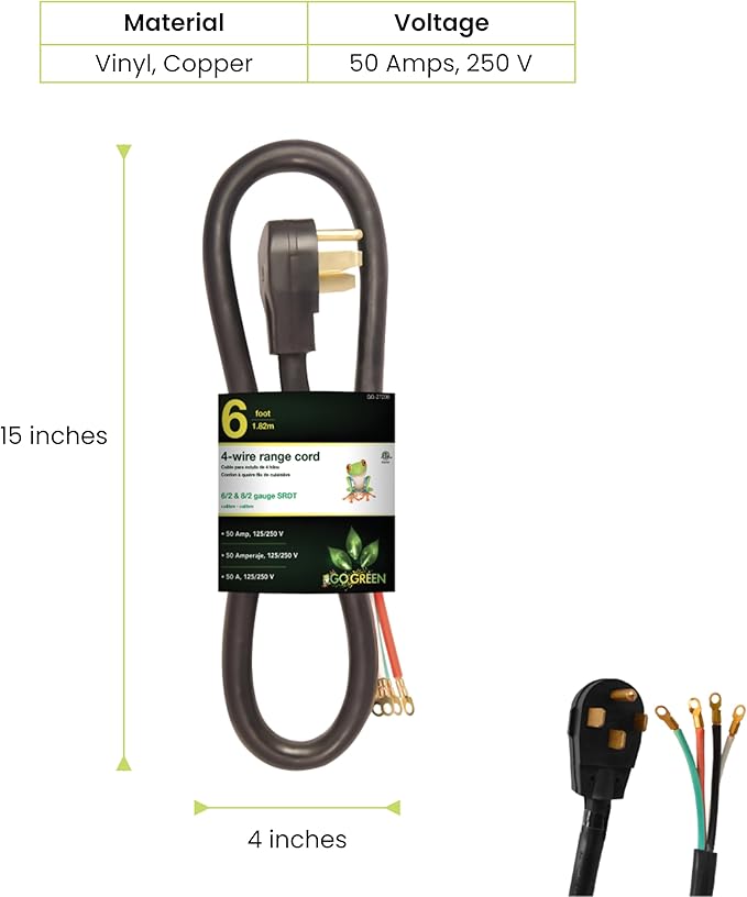 GoGreen Power (GG-27206) 6' 4-Wire Range Cord, 50 Amp, 6 Ft.