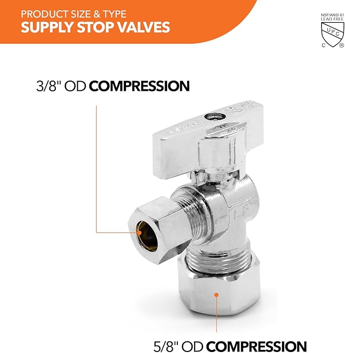 Stainless Steel Toilet Connection Kit - Braided Water Hose, 3/8" Compression x 7/8" Ballcock, 20" Length (5Pack) + Supply Stop Valves, 5/8" x 3/8" Compression (5Pack)