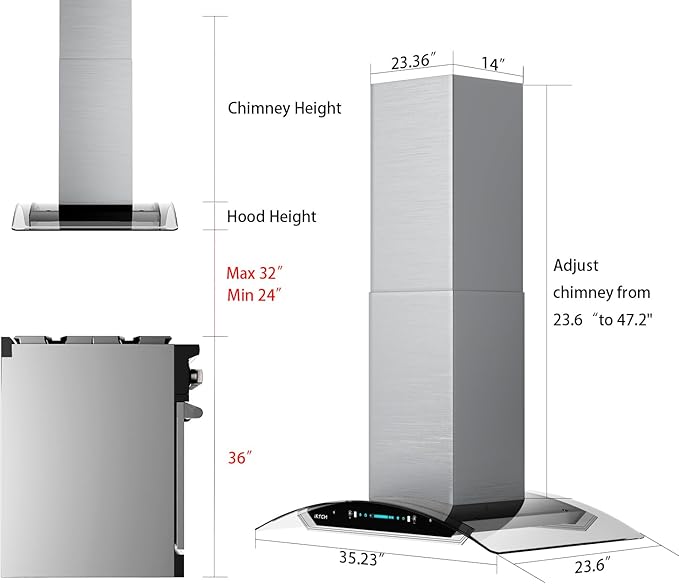 IKTCH 36 Inch Island Mount Range Hood, 900 CFM Ducted, Stainless Steel & Tempered Glass, Gesture Sensing & Touch Control, 4-Speed Fan