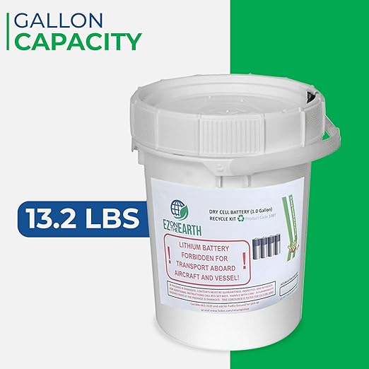 Dry Cell Battery Recycling Container Kit - 1 Gallon Battery Recycling Pail - Pre-Paid/Mail-Back Recycle kit That Holds up to 13.2 lbs Batteries - Recycling Pail with Cardboard Box
