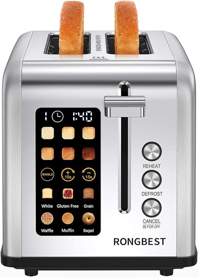 2 Slice Easy Touch Screen Toaster, Stainless Steel Toaster with Wide Slots, Even Toasting for Bagels & Bread, Reheat & Defrost, Removable Crumb Tray, Silver