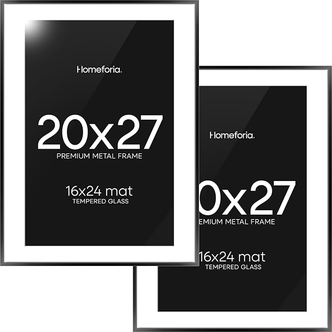 Homeforia 20x27 Picture Frame Black, High End Metal 20x27 Poster Frames with Mat 16x24 for Photo, 20 x 27 Black Frame Matted to 16 x 24 inch Print, 27x20 Thin Frame, Tempered Glass, Wall Kit, Set of 2