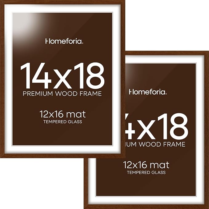 Homeforia 14x18 Picture Frame Brown, High End Dark Oak 14x18 Poster Wood Frame with Mat 12x16 for Photo, 14 x 18 Wooden Walnut Frame Matted to 12 x 16, 18x14 Frames, Tempered Glass, Wall Kit, Set of 2