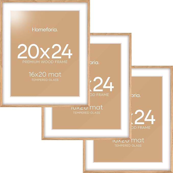 Homeforia 20x24 Picture Frame Wood, High End Natural Oak 20x24 Frame Matted to 16x20 Photo, 20 x 24 Light Wooden Poster Frames with Mat 16 by 20, 24by20 Thin Frames, Tempered Glass, Wall Kit, Set of 3