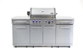 Mont Alpi Premium 70"W x 24"D Stainless Steel Compact Outdoor Kitchen Island with Access Doors + 32"W 4-Burner BBQ Gas Grill with Infrared Rear Burner + Storage Cabinets + White Granite Countertops