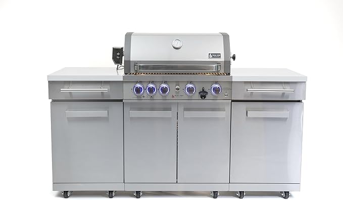 Mont Alpi Premium 70"W x 24"D Stainless Steel Compact Outdoor Kitchen Island with Access Doors + 32"W 4-Burner BBQ Gas Grill with Infrared Rear Burner + Storage Cabinets + White Granite Countertops