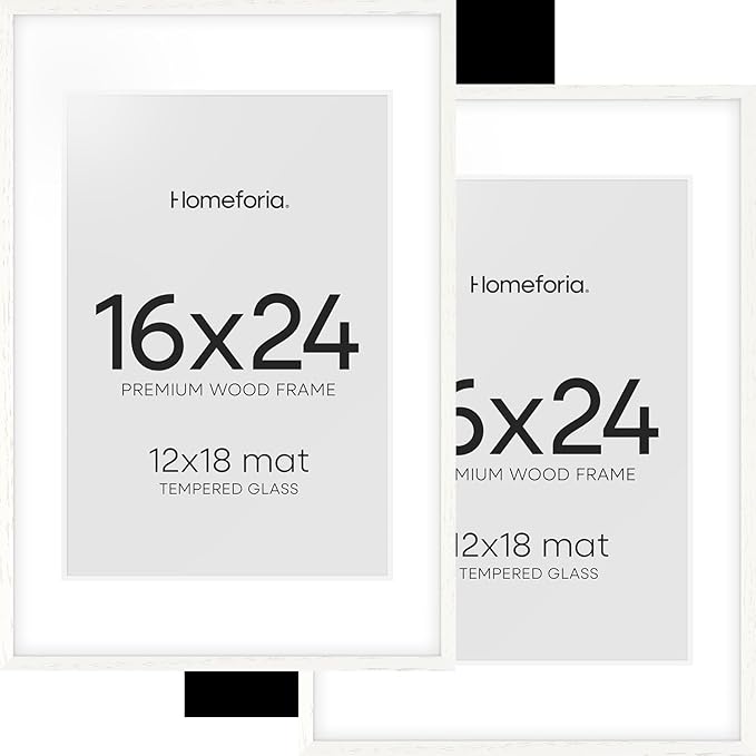 Homeforia White Picture Frame 16x24, High End Oak White 16x24 Frame with Mat 12x18 Photo, 16 x 24 Wooden Poster Frames Matted to 12 by 18, 24x16 Wood Hanging Frames, Tempered Glass, Wall Kit, Set of 2
