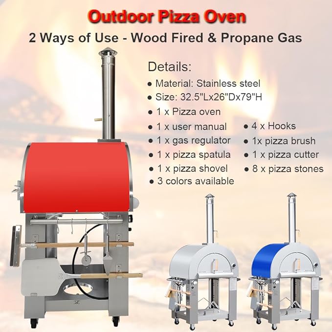 32.5" Dual Fuel Pizza Oven - Wood Fired or Propane Gas Fueled, Large Outdoor Oven with 4 Casters, 8 pcs Pizza Stones for BBQ, Grilling, 430 Stainless Steel Pizza Oven for Backyard, Camping and Party