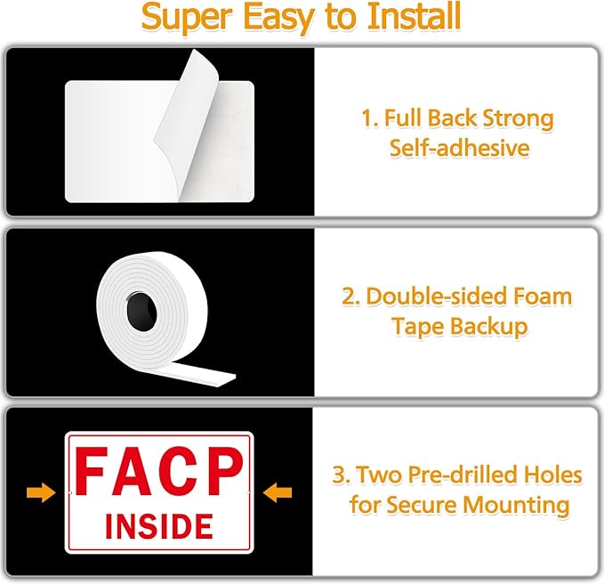 FACP Sign, (2 Pack) Self Adhesive FACP Inside Signs, Rust Free and Reflective Aluminum Metal Sign Sticker for Door (9 x 6 inches, White/Red)