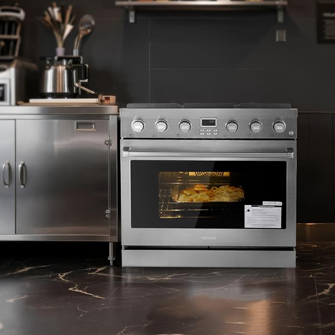 VEVOR Gas Range Oven, 36 Inches Width, Freestanding Stainless Steel Stove and Oven with 6 Sealed Cooktop Burners, Easy Reach Racks, Halogen Light, 6.0 Cu. Ft. Capacity, for Home Apartment Kitchen