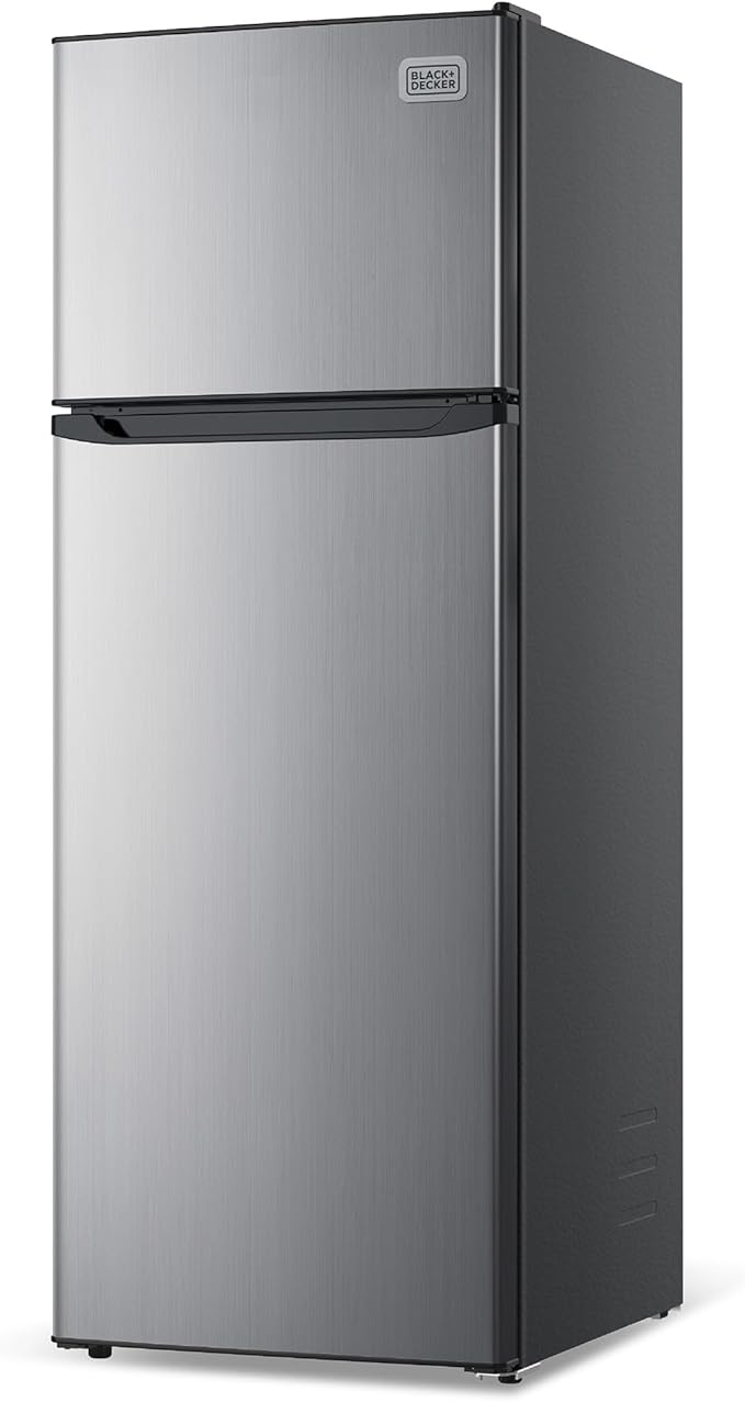 BLACK+DECKER 12 Cu. Ft. Top Mount Refrigerator with Freezer, 2 Door Fridge with Top Freezer and Adjustable Temperature Control, For Homes and Apartments, BDA12GLAS, Stainless Steel Look