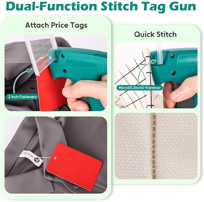 BS ONE Stitch Tagging Gun for Clothing, 2-in-1 Stitch Gun & Retail Price Tag Attacher Gun for Clothes with 6 Needles & 1000pcs 0.2" & 1000pcs 2" Barbs Fasteners