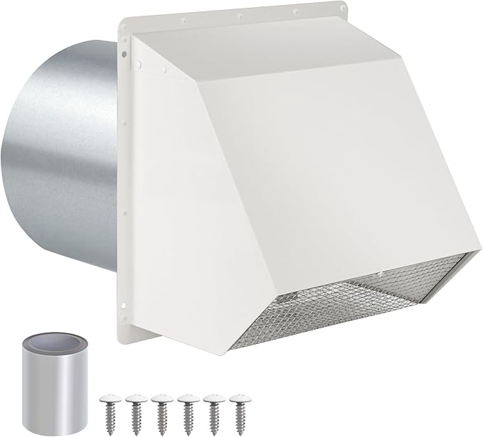 8 Inch Hooded Wall Vent with Screen and Damper,Outdoor Wall Exhaust Vent Cover Wall Cap for Exterior Kitchen Range Hood Ventilation Dryer HVAC Duct Air Exhaust, Galvanized Steel, White