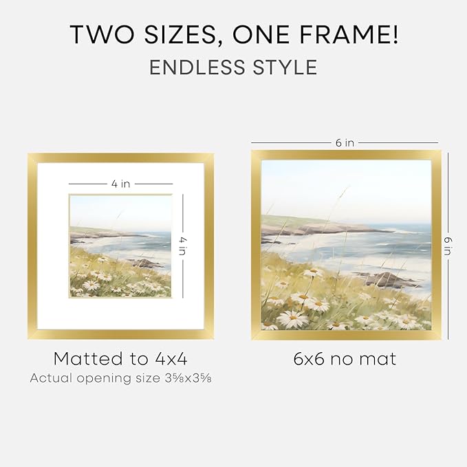 Homeforia 6x6 Picture Frame Gold, High End Metal 6 x 6 Square Photo Frames with Mat 4 by 4, 6x6 Poster Frame Matted to 4x4 inches Print, 6by6 Wall or Tabletop Frame, Tempered Glass, Wall Kit, Set of 2