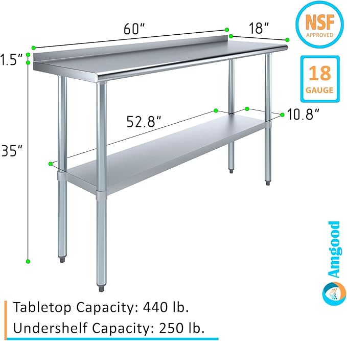 AmGood 60" Long x 18" Deep Stainless Steel Work Table with 1.5" Backsplash | Metal Kitchen Food Prep Table | NSF