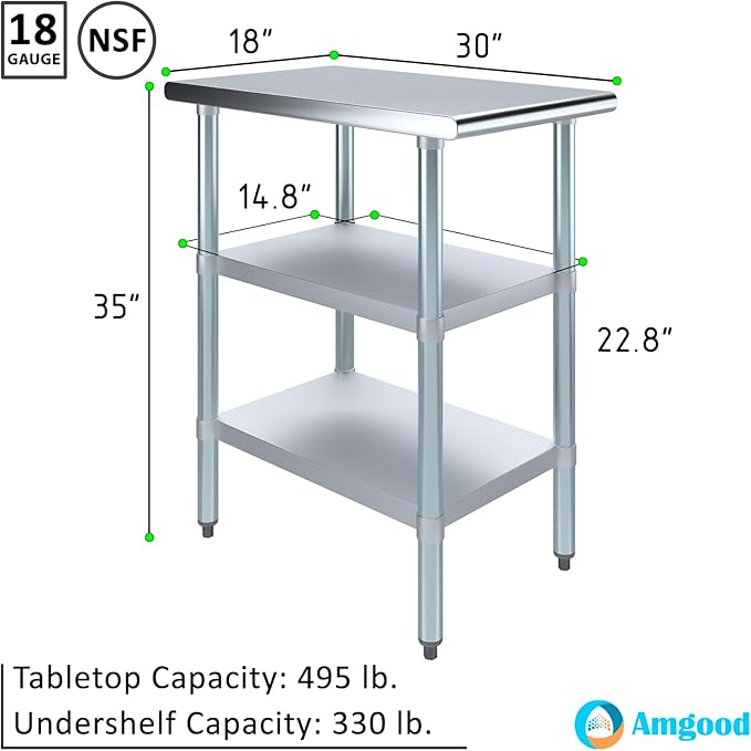AmGood Stainless Steel Work Table with 2 Shelves | NSF | Metal Utility Table (18" Long x 30" Deep)