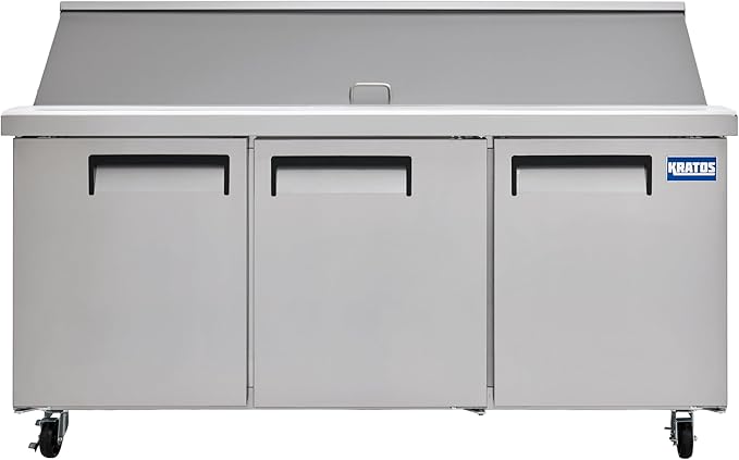 Kratos Commercial Refrigerator, Mega Top Sandwich/Salad Prep Table, 70" Wide Three Door Stainless Steel Refrigerated Prep Table with 30 Food Pan Capacity (67K-037)