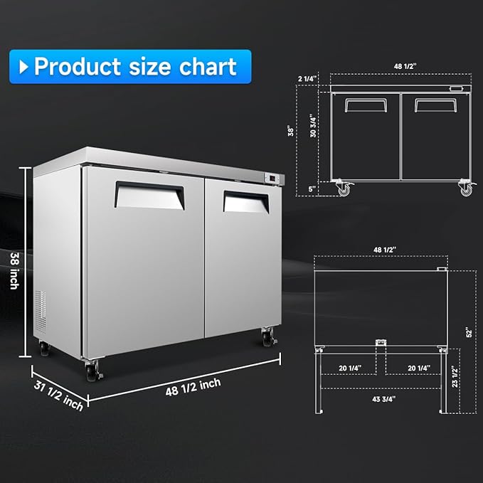 DeepTide 48" W Commercial Undercounter Worktop Refrigerator, 14 Cu.ft Commercial Refrigerator with 2 Door, 33-40°F, Stainless Steel, ETL&DOE, for Restaurants, Stores, kitchen