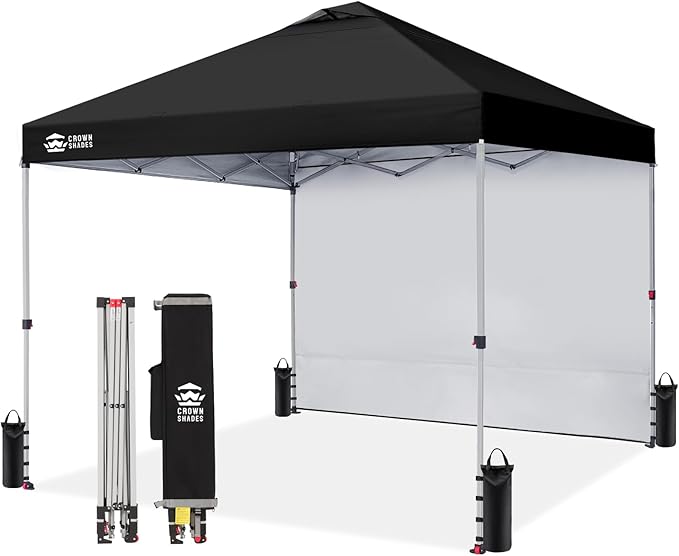 CROWN SHADES 12x12 Pop Up Canopy Tent Instant Commercial with 150D Silver Coated Fabric Including 1 Removable Sidewall, 4 Ropes, 8 Stakes, Weight Bags, STO 'N Go Bag, Black