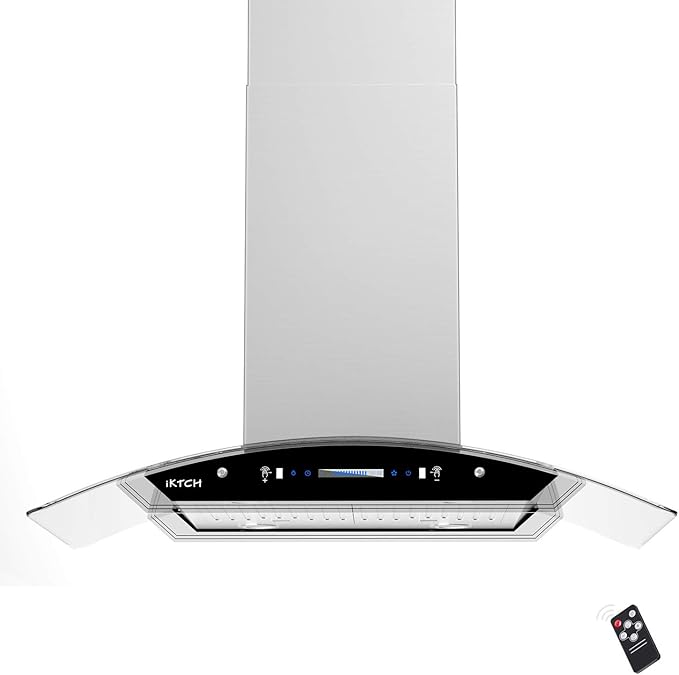 IKTCH Upgrated 30 inch Island Mount Range Hood, 900 CFM Ducted Range Hood with 4 Speed Fan, Stainless Steel& Tempered Glass with Gesture Sensing&Touch Control Making life Smarter IKIS01-30