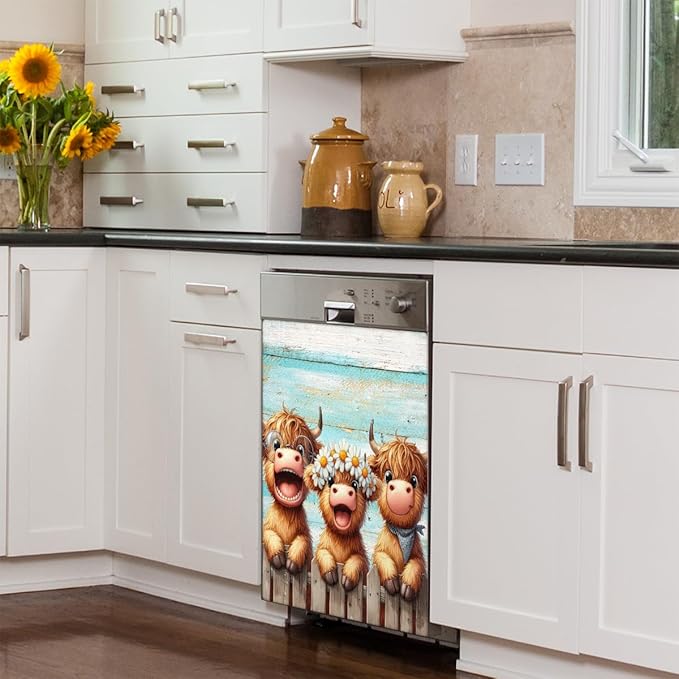 Cute Animal Highland Cow Dishwasher Magnet Cover Magnetic Dishwasher Decorative Cover Front Dishwasher Door Cover Reuseable Dishwasher Cover Panel for Kitchen Refrigerator Home Appliances 23" X 26"
