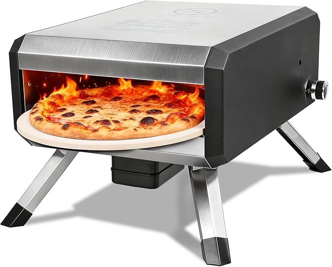 Pizza Oven, with 14" Pizza Stone and Legs,Automatic Rotation Function Outdoor Gas Pizza Ove, Carbon Steel Material,Maximum Temperature of 700°F, for Camping, Parties and Backyard Barbecues,Outdoor