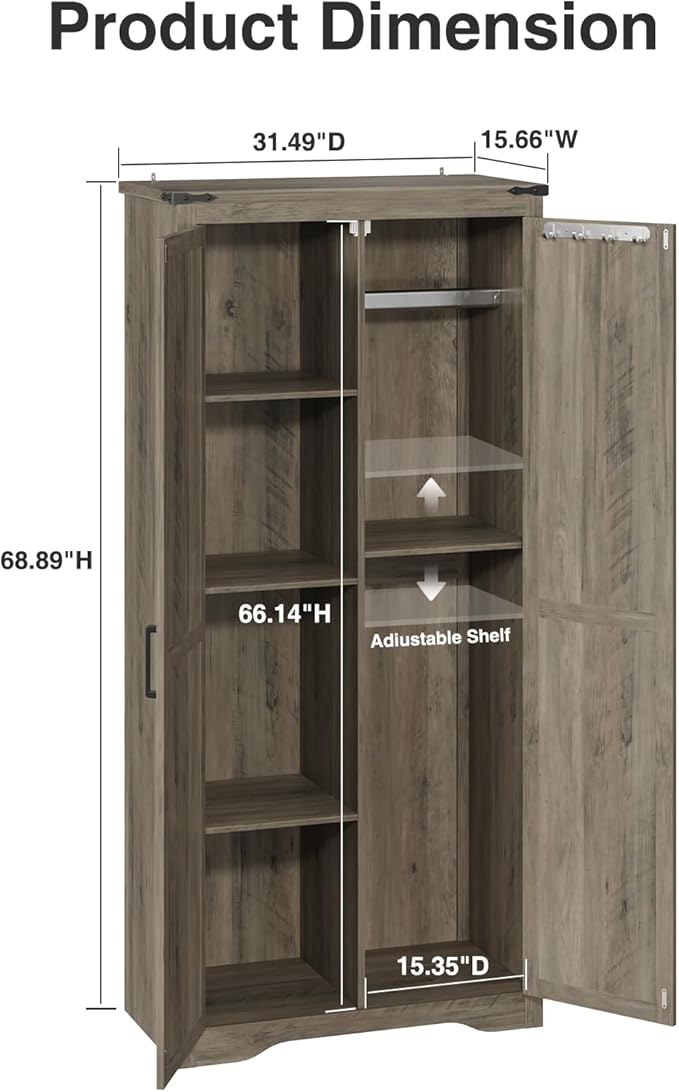 Tall Storage Cabinet with Adjustable Shelves, Farmhouse Pantry Organize with 2 Barn Doors, Large Freestanding Cabinet for Kitchen, Garage, Basement, Living, Utility Room, Grey