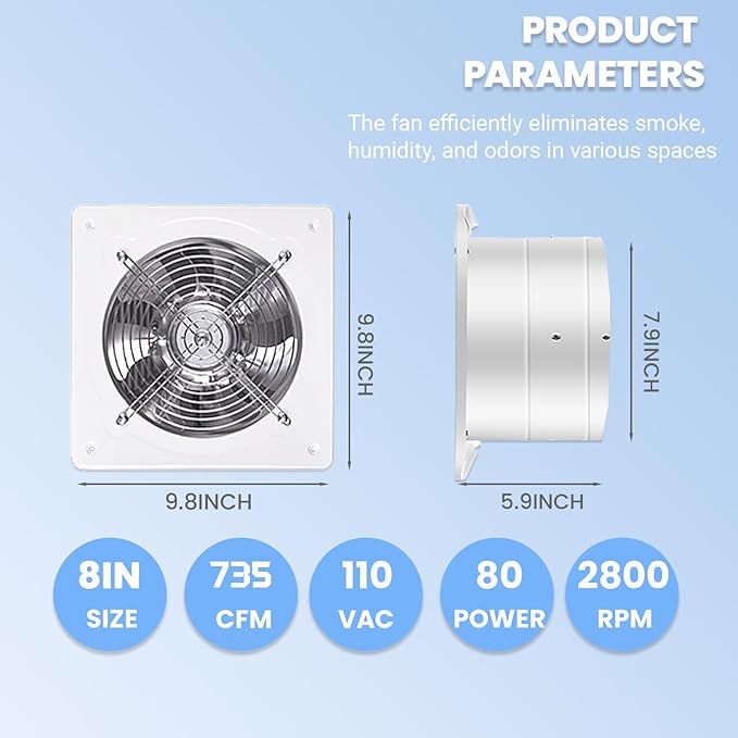 8" Kitchen Exhaust Fan with Variable Speed Controller, 735CFM Wall Mount Ventilation Fans, Metal Attic Exhaust Fan, Small Fume Extractor Ventilation Fan for Kitchen Bathroom Shop Smoking Room Garage