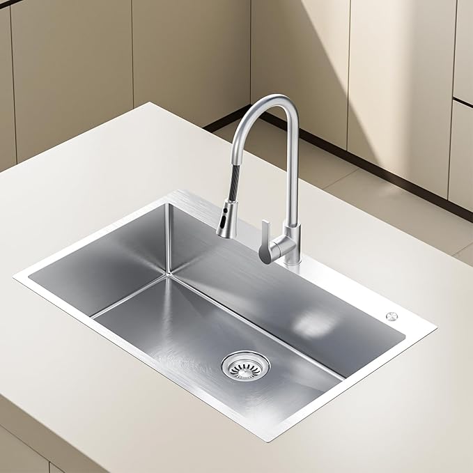 33 inch Topmount Handmade 18 Gauge Single Bowl Stainless Steel Kitchen Sink with Accessories
