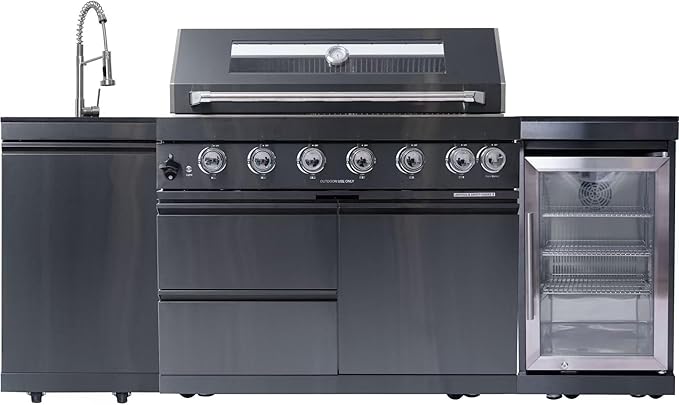 82 Inches 6-Burner 85,000 BTU Deluxe Stainless Steel Propane Gas Grill Outdoor Kitchen Island,Sink,Beverage Refrigerator Storage & Rotisserie Kit for Patio Backyard,Black