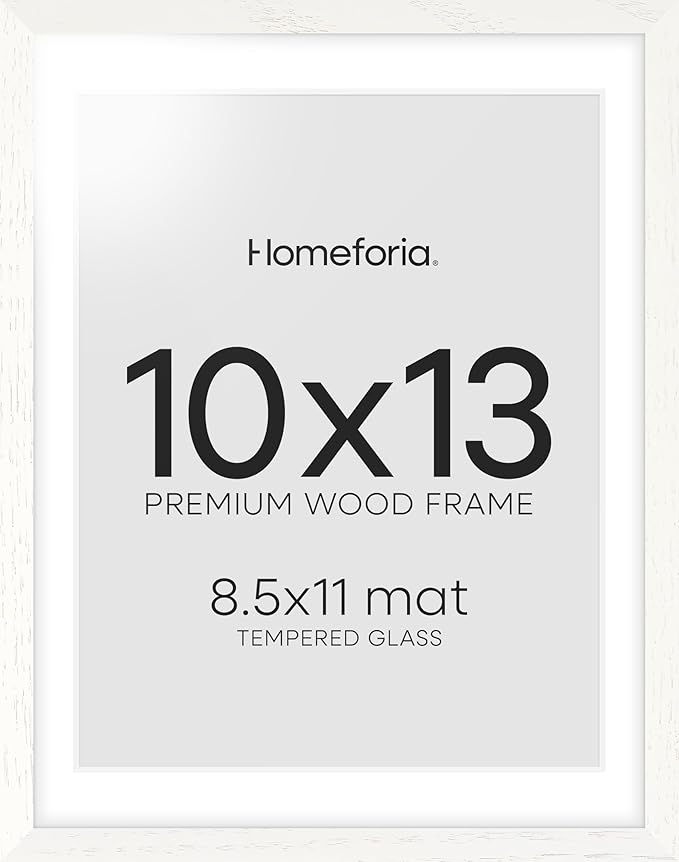 Homeforia White Frame 10x13 Wood, High End Oak 10x13 Picture Frames with Mat 8.5x11, 10 x 13 White Wooden Poster Frames Matted to 8.5 x 11 inch Photo, 13by10 Frames, Tempered Glass, Wall Kit, Set of 1