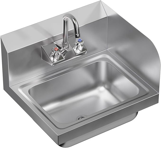 AmGood Stainless Steel Wall Mount Hand Sink with Faucet and Right Sidesplash 17" x 15" | NSF Commercial Hand Washing Basin For Restaurant, Kitchen and Home | Bowl Size: 10" x 14"