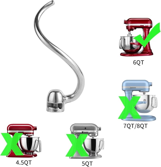 Stainless Steel Spiral Dough Hook Compatible with KitchenAid 5Plus-6QT Mixer,Bowl Lift Stand Mixer Accessory, Rust Resistant, Effectively Kneads Bread,Pizza,Pasta and Biscuits,Dishwasher Safe