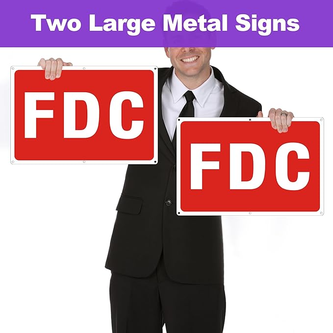 FDC Sign, 2 Pack FDC Signs Outdoor Aluminum Metal Sign, FDC Signs for Fire Department Connection, UV Protected Weather Resistant and Easy to Install (Size: 18x12 inches)