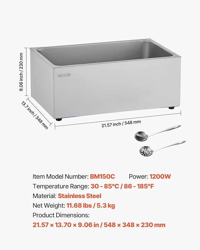 VEVOR Commercial Food Warmer, 1200W Electric Stainless Steel Steam Food Warmer, Fast Heating Countertop Buffet Bain Marie with Soup & Perforated Ladles, for Catering, Restaurants, Parties, Buffets