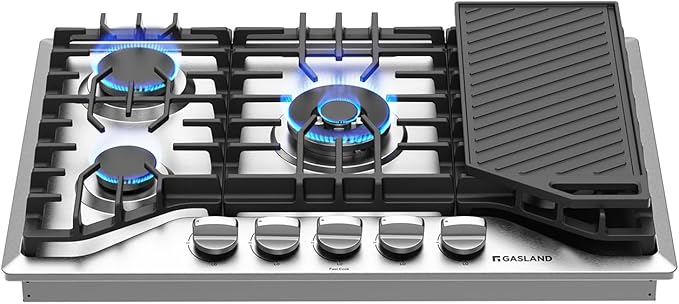 GASLAND 30 Inch Gas Cooktop, PRO GH3305SF 5 Burner Propane Stovetop with Reversible Cast Iron Grill/Griddle, Gas Countertop Plug-in, NG/LPG Convertible Cooktops, Stainless Steel