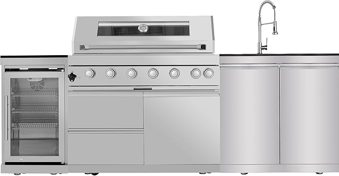 96'' 6-Burner 85000 BTU Deluxe Stainless Steel Natural Gas Outdoor Kitchen Island with Grill, Wine Cooler Compact Refrigerator, Rotisserie Kit, Granite Countertops, Stainless Steel Sink, Silver