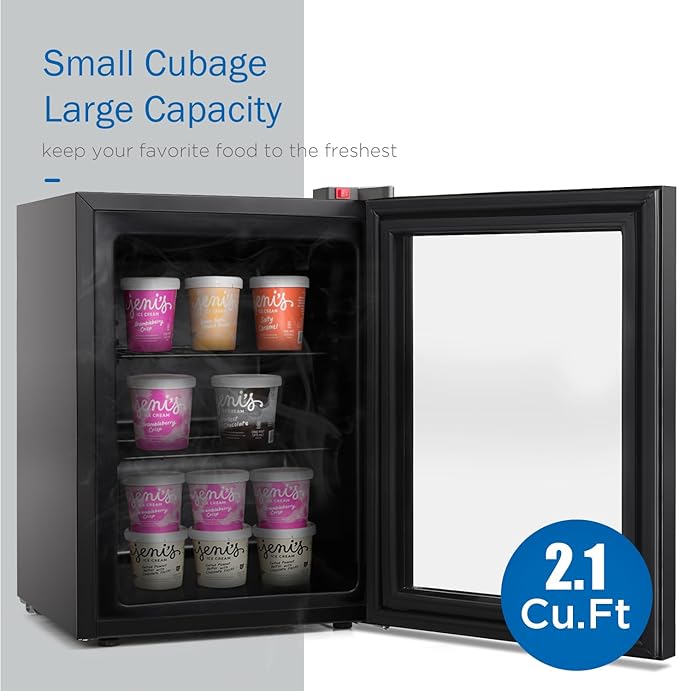 ADT Mini Freezer with Display Glass Door 2.1 Cu Ft Small with 2 Removable Shelves 7 Temperature Settings -8°F to 14°F Perfect for Liquor and Ice Cream