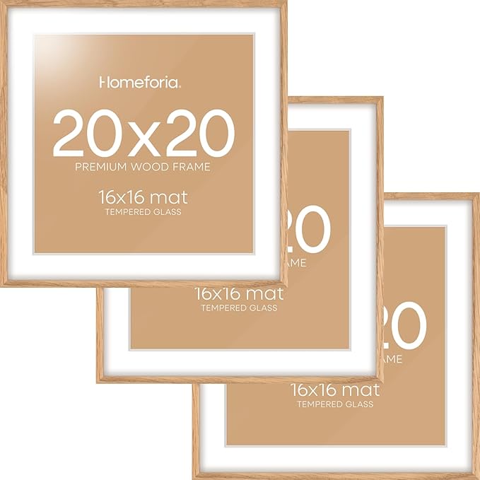 Homeforia 20x20 Wood Picture Frame, High End Natural Oak 20 x 20 Square Light Wooden Frames with Mat 16 by 16 inch Photo, 20by20 Poster Frames Matted to 16x16 Print, Tempered Glass, Wall Kit, Set of 3