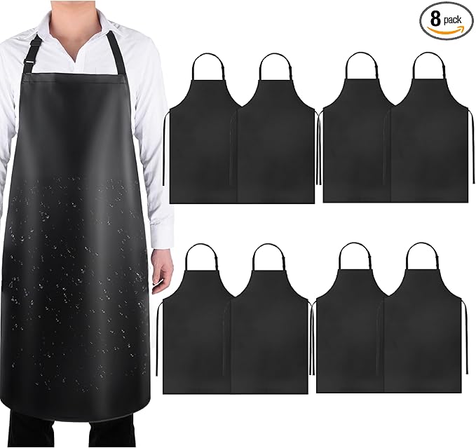 8 Pack Waterproof Rubber Vinyl Apron 40 Inch Chef Aprons for Men Heavy Duty Chemical Work Apron Extra Long Grilling Aprons with Adjustable Bib Apron for Dishwashing Lab Butcher Cooking Kitchen Black