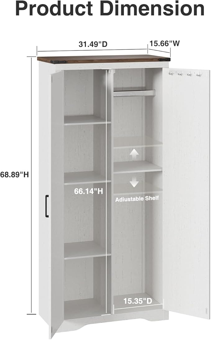69" Tall Storage Cabinet with Adjustable Shelves, Farmhouse Pantry Organize with 2 Barn Doors, Large Freestanding Cabinet for Kitchen, Garage, Basement, Living, Utility Room, Off-White