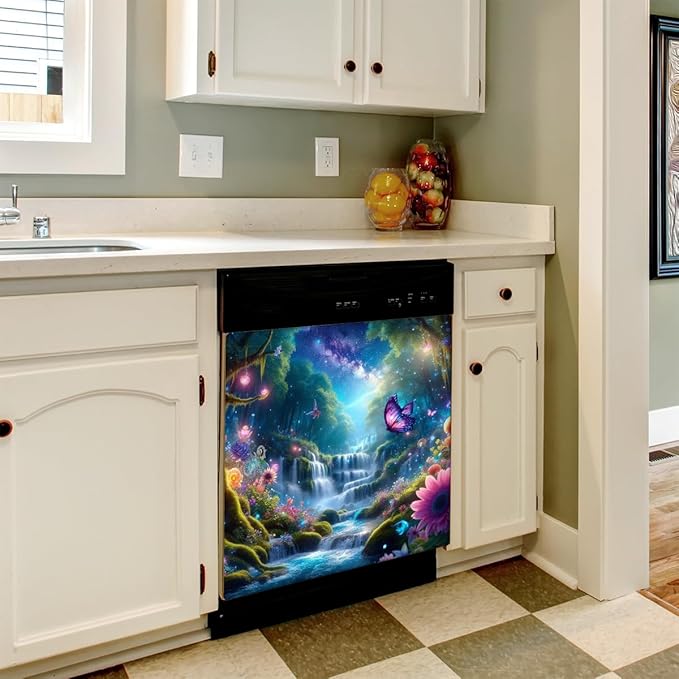 Dishwasher Magnet Cover Forest Flower Water Dishwasher Decorative Cover Front Dishwasher Door Cover Reuseable Dishwasher Cover Panel Decal for Kitchen Refrigerator Home Appliances 23" X 26"